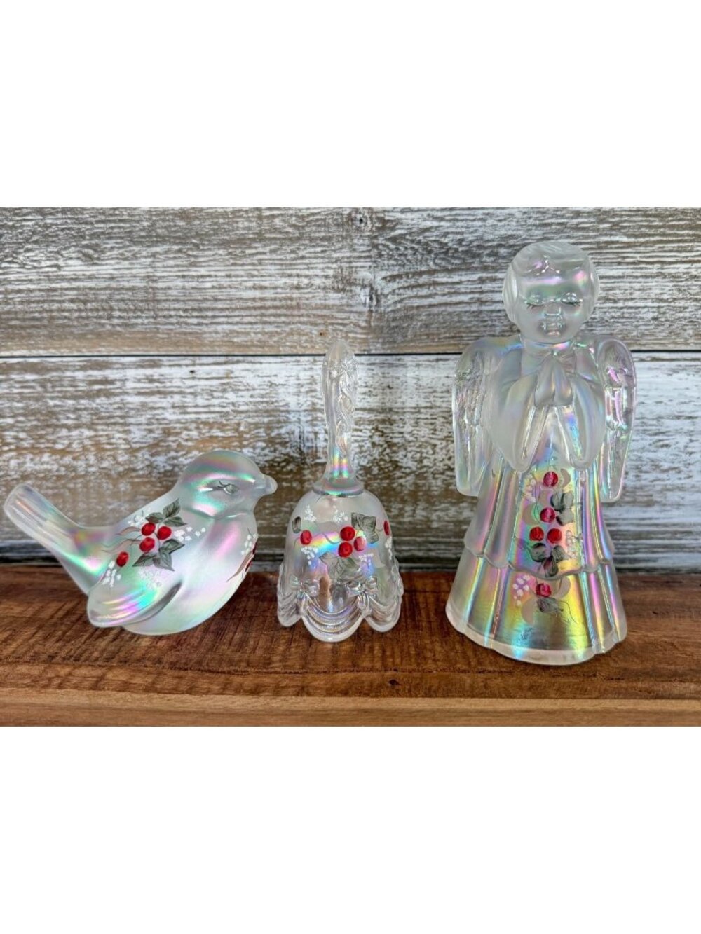 Fenton Glass Hand Painted Opalescent Angel Bell Sparrow Figurine’s Rare Set Of 3